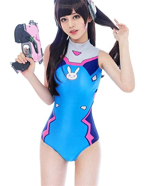 Lucky2buy Womens Dva Cosplay Costume Schoolgirl One Piece Swimsuit Slim High Waist