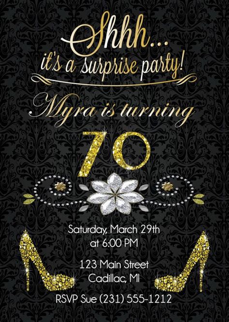70th Birthday Invitation Gold Glitter Birthday Party Invite