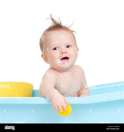 Adorable Infant Having Bath In Blue Tub Stock Photo Alamy