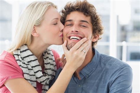 Woman Kissing Man On His Cheek Stock Image Image Of Pretty Stylish