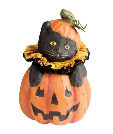 Paper Mache Cat In Jack O Lantern Vintage Style Halloween Decorations