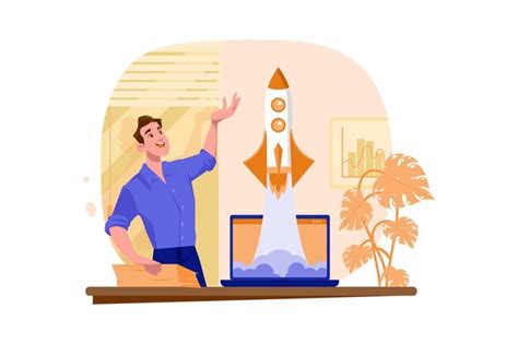 Premium Vector Businessman Launches Rocket From A Laptop