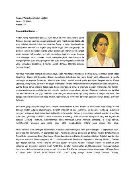 Biografi Ra Kartini Nama Wahidiyah Indah Lestari Kelas XI MIA 2