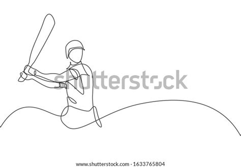 One Single Line Drawing Of Young Energetic Man Cricket Player Stance At