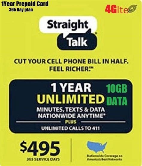 Check spelling or type a new query. Phone Cards and SIM Cards 146492: Straight Talk 1 Year $495 Unlimited 365 Day 4G Lte 10Gb Card ...