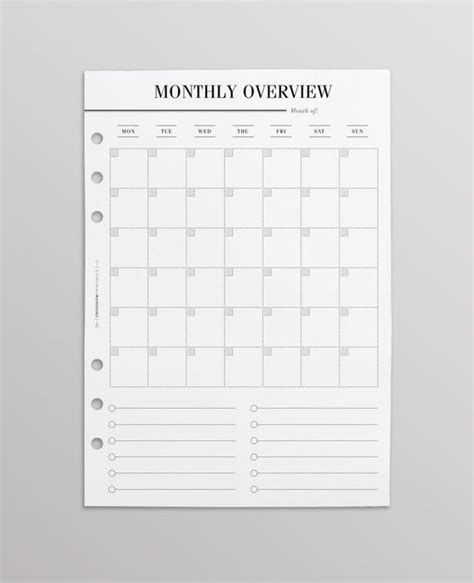 Printed Monthly Overview With List A5 Monthly Planner Inserts A5