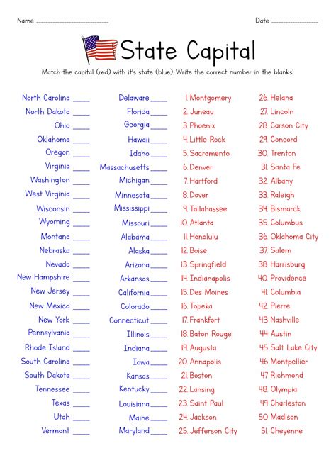50 States And Capitals Printable Worksheets
