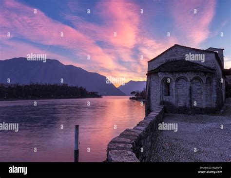 Sunset Over Lake Como From The Old Church Dedicated To St James And Philip In Spurano