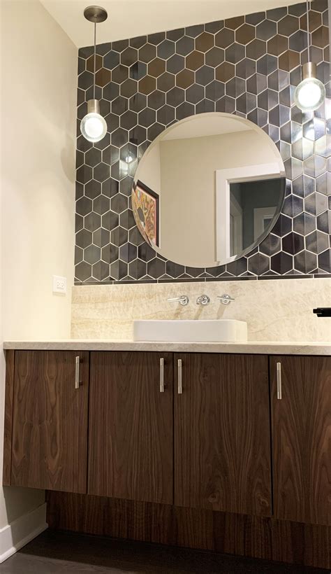 Modern Powder Room With Drop In Sink Accent Tile Wall Pendant Lights