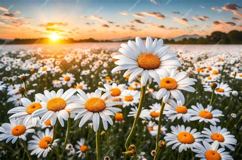 Premium Photo Beautiful Field Of Daisies At Sunset Nature Composition