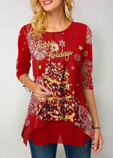 Buy Cheap Christmas Shirt Red Round Neck Long Sleeve Casual T Shirt For
