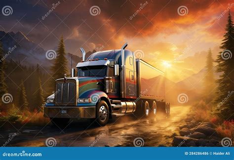 A Semi Truck Driving Down A Dirt Road Under A Cloudy Sky Ai Stock