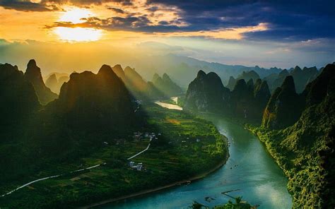 1366x768px 720p Free Download Sunrise At Guilin National Park Grass