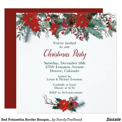 Red Poinsettia Border Bouquet Christmas Party Invitation