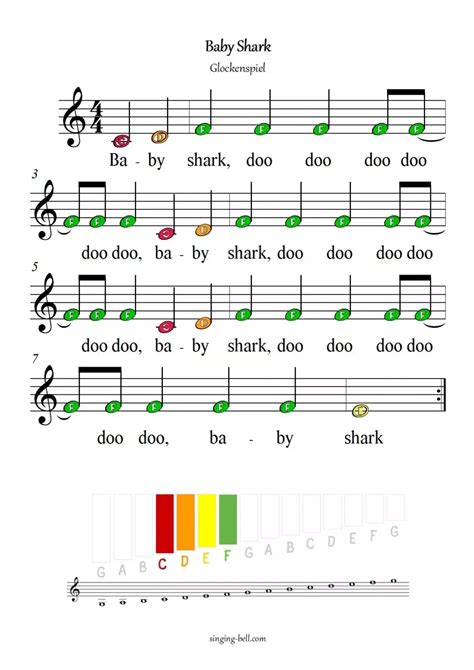 Baby Shark Free Xylophone Glockenspiel Sheet Music Letters Color Notes