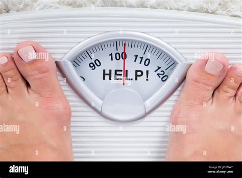 Close Up Of Overweight Person Feet On Weight Scale Indicating Help