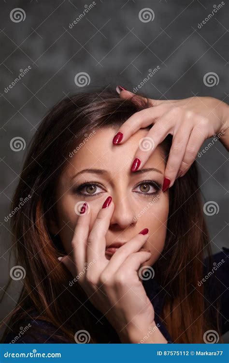 Portrait Of Beautiful Woman With Red Nails Stock Photo Image Of