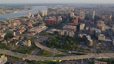 5K stock footage aerial video approaching Independence National Historic Park and Mall near ...