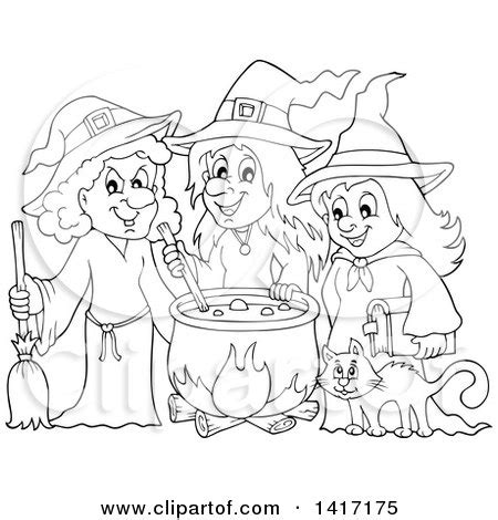 Clipart of a Black and White Lineart Group of Halloween ...