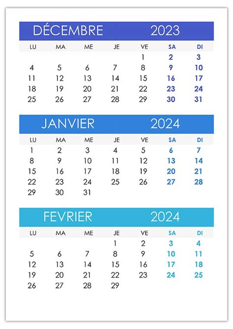 Calendrier Décembre 2023 Janvier Février 2024 Calendriersu