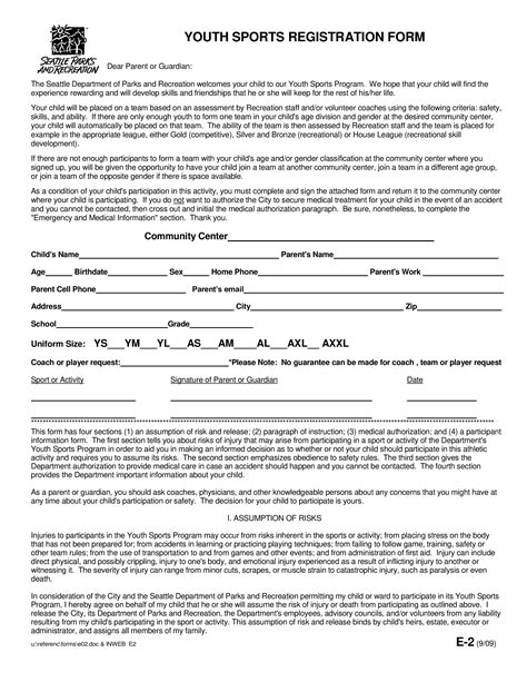 Youth Sports Registration Sheet Templates At