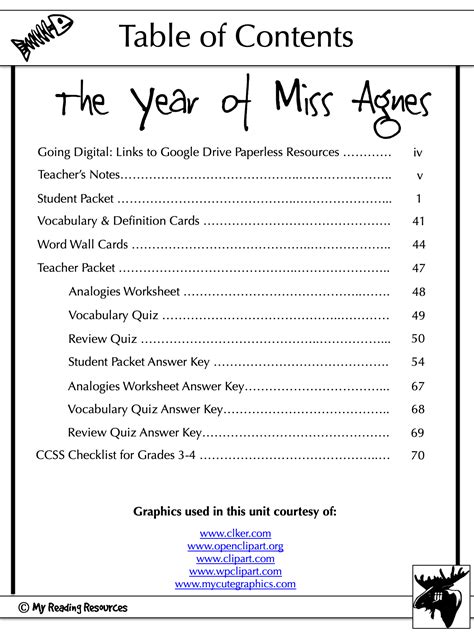 The Year Of Miss Agnes Novel Study My Reading Resources