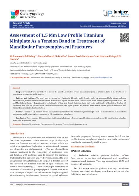 PDF Glob J Otolaryngol Assessment Of 1 5 Mm Low Profile Titanium