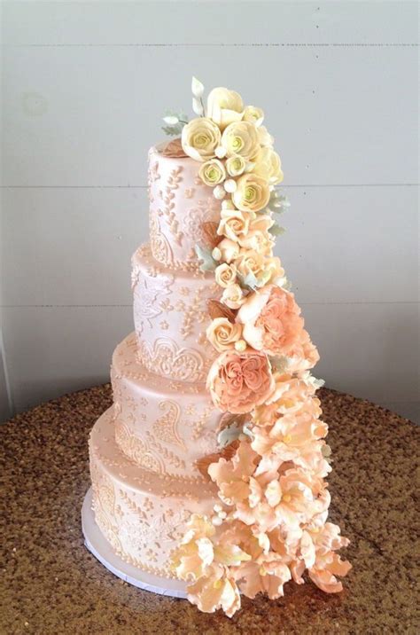 pink and cream sugar flower cascade — round wedding cakes pink wedding cake sugar flowers