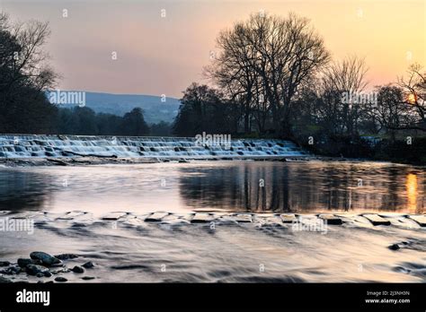 Scenic Rural Landscape Water Flowing Over Weir Steps Stepping Stones