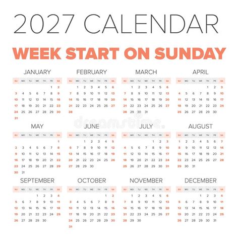 Simple 2027 Year Calendar Stock Vector Illustration Of Background