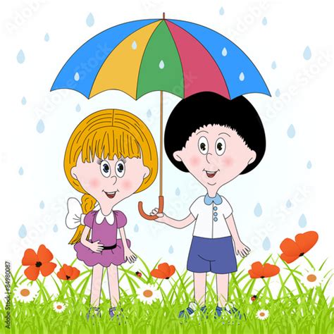 Little Girl And Boy Under A Umbrella Vector Stock Image And Royalty