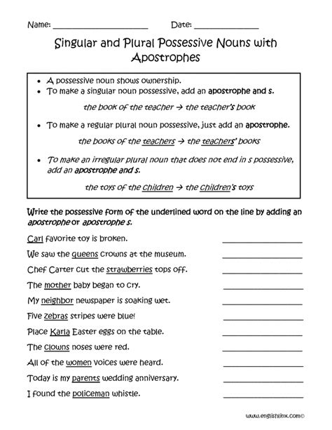 Possessive Nouns Plural And Singular Worksheets 7th Grade