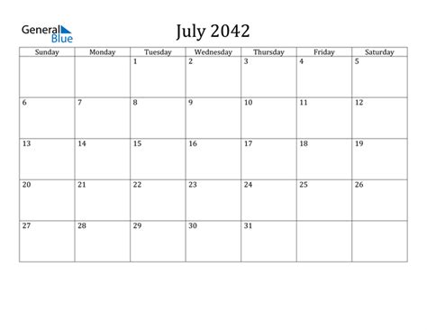 July 2042 Calendar Pdf Word Excel