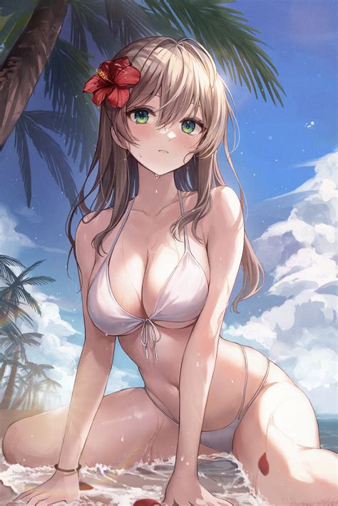 Cleavage Wet Body Big Boobs Anime Anime Girls Bikini Water Wet Beach Women On Beach