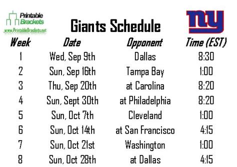Giants Schedule New York Giants Schedule Printable Brackets