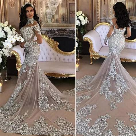 Find the perfect illusion sleeves wedding dress photos and be inspired for your wedding. Sexy Silver Mermaid Wedding Dresses High Neck Long Sleeves ...
