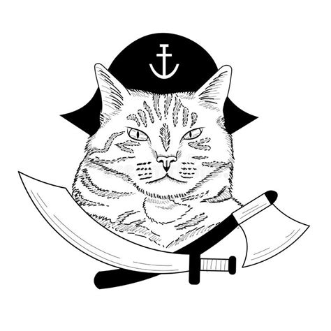 Hand Drawn Tabby Cat Pirate Stock Vector Illustration Of Captain