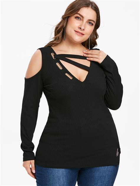 Buy Wipalo Women Sexy Plunging Neck Cold Shoulder Plus Size Cut Out T Shirt