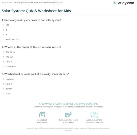 Solar System Quiz And Worksheet For Kids