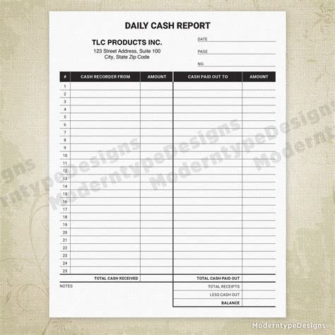 Daily Cash Report Printable Form Editable Moderntype Designs