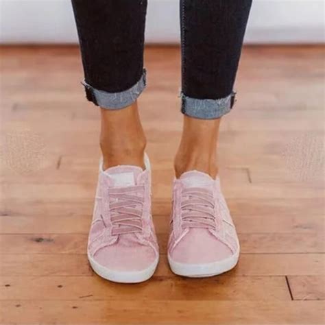 Casual Women Comfortable Breathable Slip On Canvas Sneakers Yokest Lace Up Flats Suede Shoe