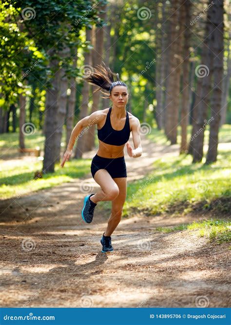 Active Young Brunette Woman Running In Park Summer Healthy Perfect Tone Body Workout Outside