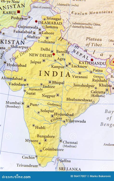 Geographic Map Of India With Important Cities Stock Image Image Of