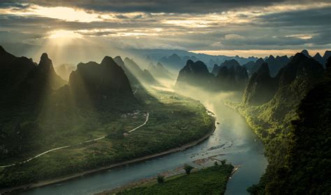 Karst Mountains And River Li In Guilinguangxi Region Of China Stock
