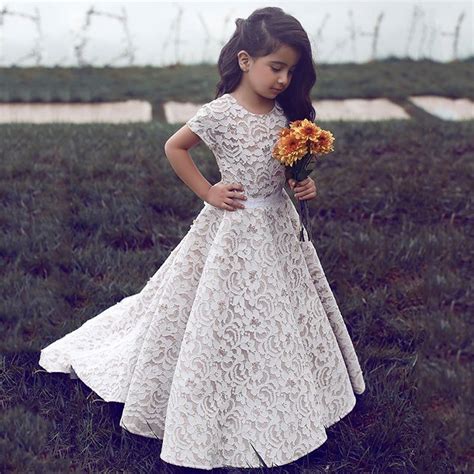 Cute Short Sleeve Ivory Lace Flower Girl Dress With Train
