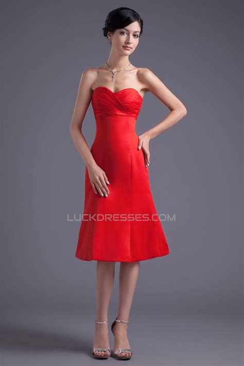 Sleeveless Knee Length Satin A Line Short Red Sweetheart Bridesmaid Dresses 02010527 Red