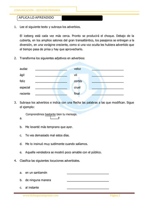 Ficha Tipos De Adverbios Para Sexto De Primaria