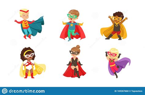 Kid Superheroes Collection Cute Happy Boys And Girls Wearing Superhero