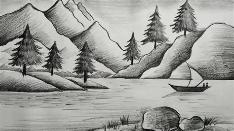 How To Draw Easy Pencil Sketch Scenery Drawinglandscape Pahar And
