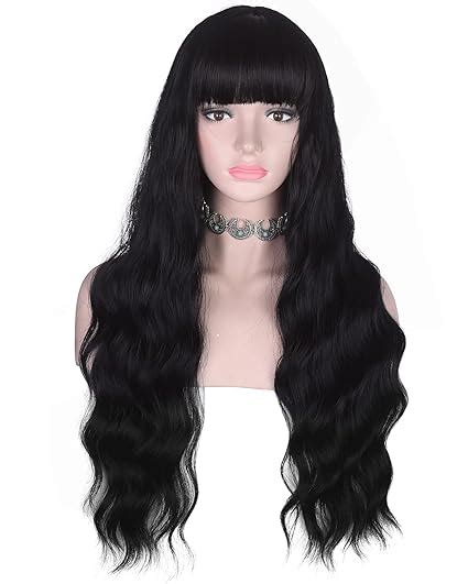 Amzcos Long Wavy Black Wig With Bangs For Women Heat Resistant Synthetic Hair Wigs